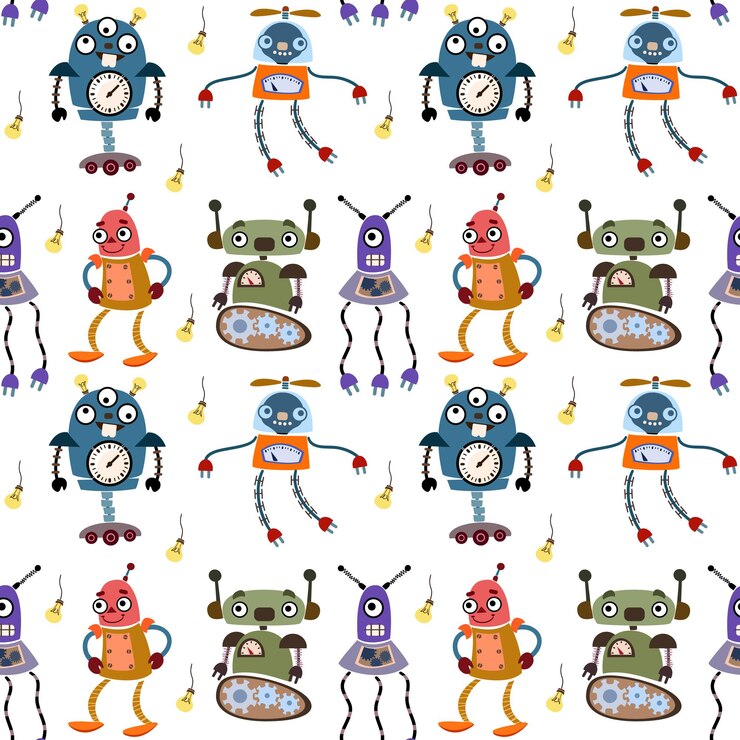 Vector seamless pattern with cartoon funny robots children s drawing handdrawn with cute alien characters