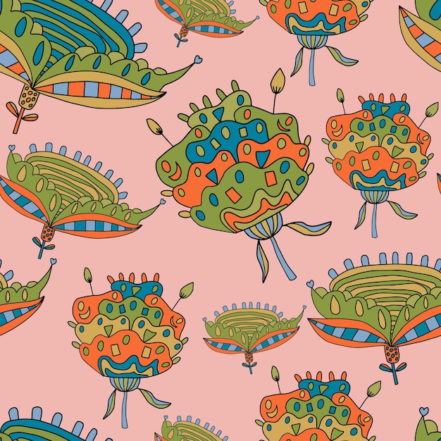 Seamless pattern with cartoon hand drawn doodle fantasy flowers