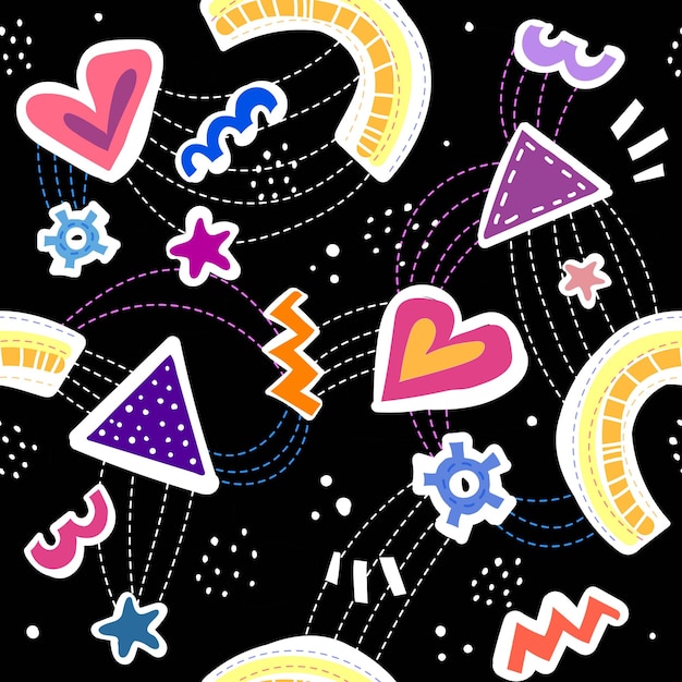 Seamless pattern with cartoon hearts, rainbows, stars, shapes, decor elements