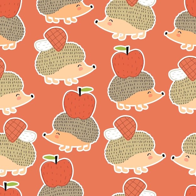 seamless pattern with cartoon hedgehogs apple