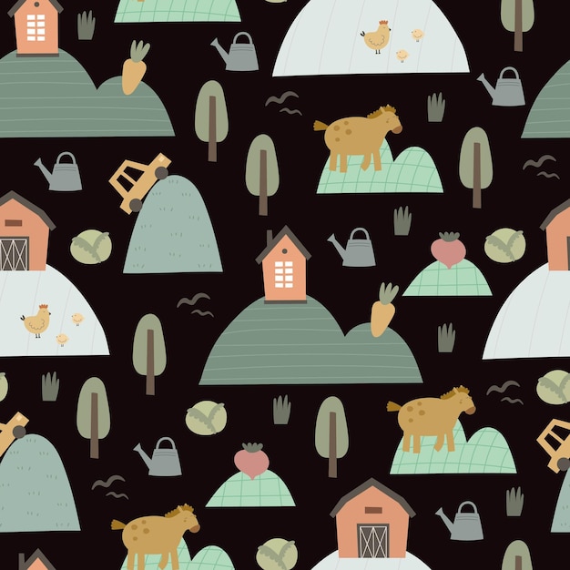 Seamless pattern with cartoon horse house car tree decor elements Farm