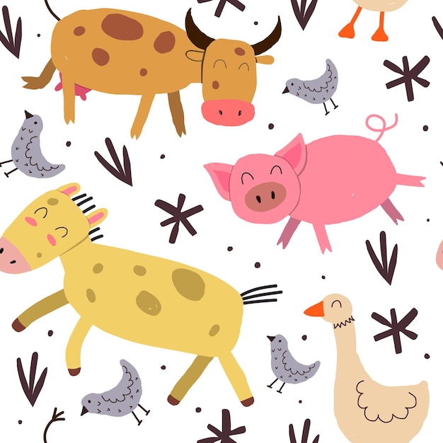 Seamless pattern with cartoon horses cows pigs birds