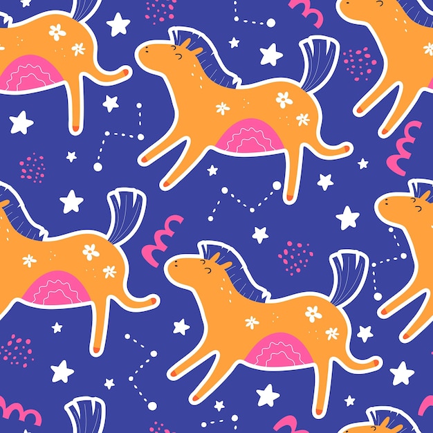 Seamless pattern with cartoon horses