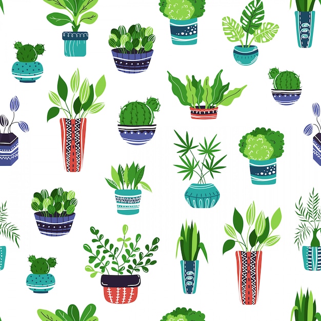 Seamless pattern with cartoon house plants or flowers 