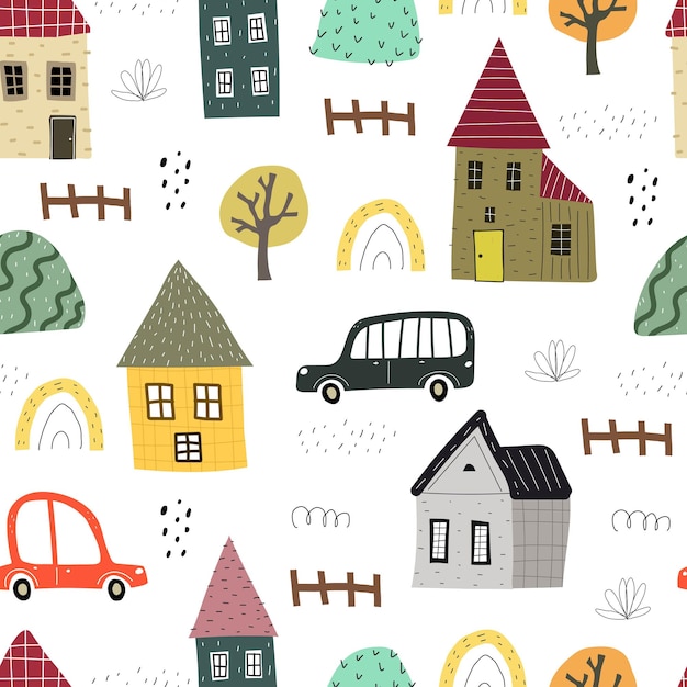 Seamless pattern with cartoon houses