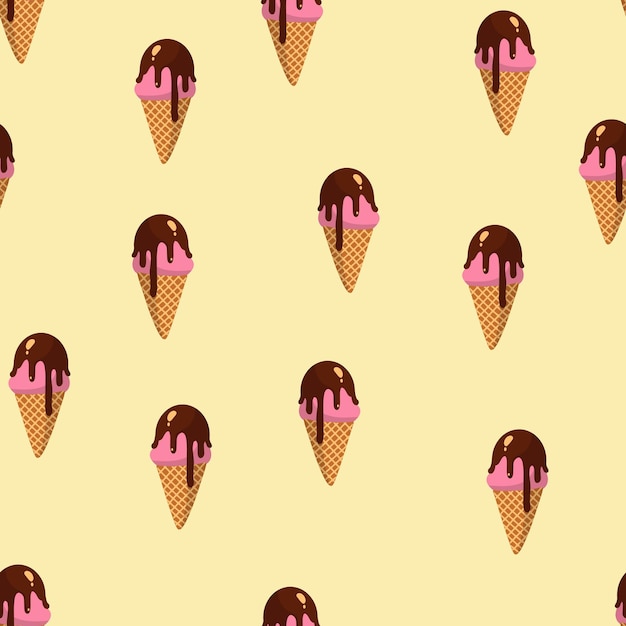 Seamless pattern with cartoon ice cream. delicious sweets. waffle cone, and pink ice cream with chocolate top glaze. beige background