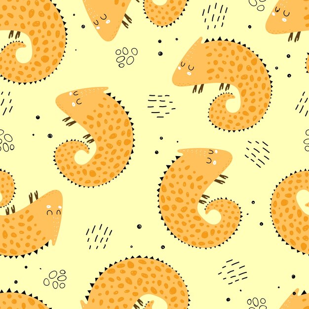 Seamless pattern with cartoon iguanas