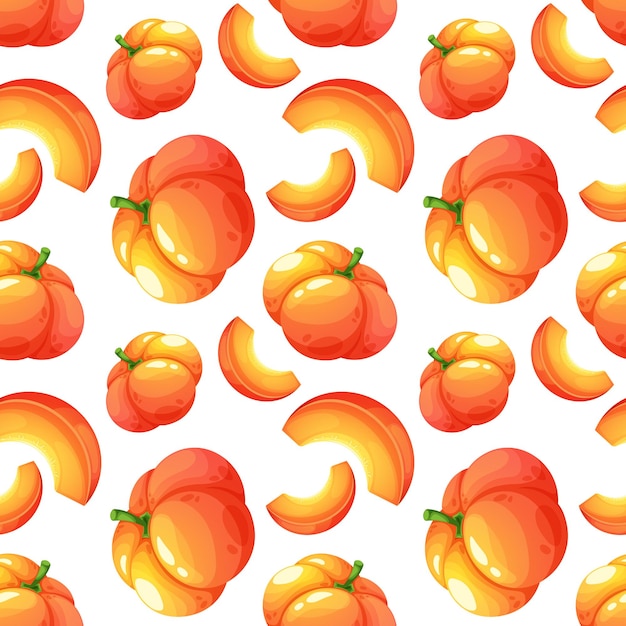 Vector seamless pattern with cartoon juicy pumpkin and slice on light white background vegetable collection