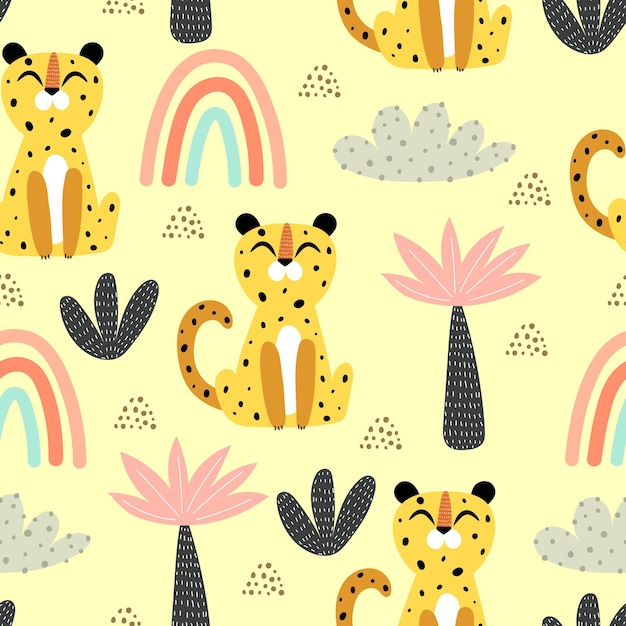 Seamless pattern with cartoon leopards