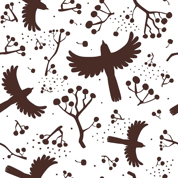 seamless pattern with cartoon magpies, rowan berries