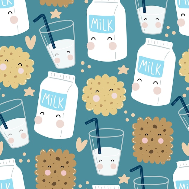 Seamless pattern with cartoon milk, cookies