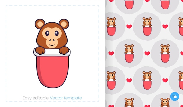 Seamless pattern with cartoon monkey on white background.