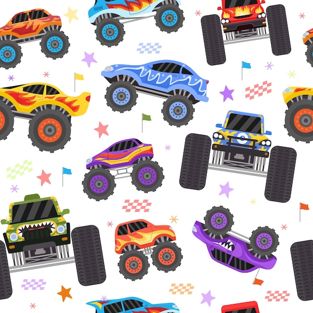 Modello senza cuciture con monster truck cartoni animati per ragazzo auto pesanti da corsa estreme con pneumatici grandi monster truck giocattoli per la stampa vettoriale cool kid