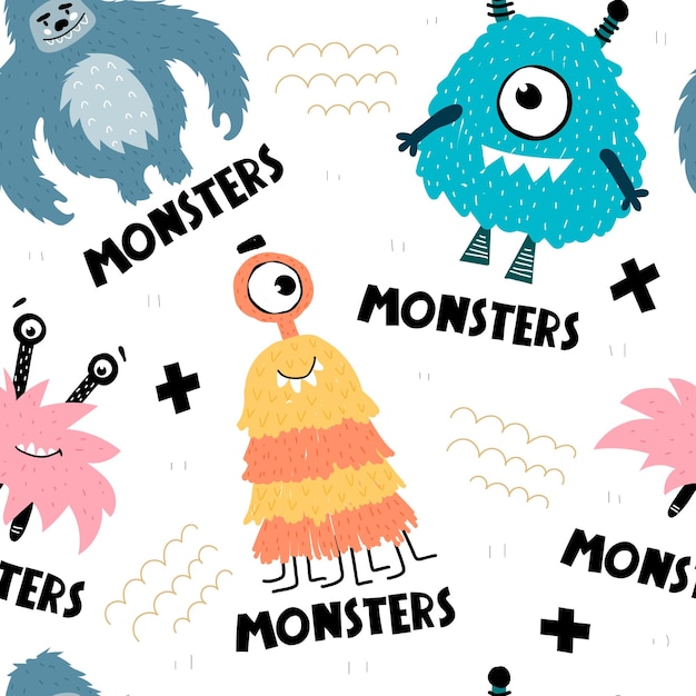 seamless pattern with cartoon monsters hand drawing lettering