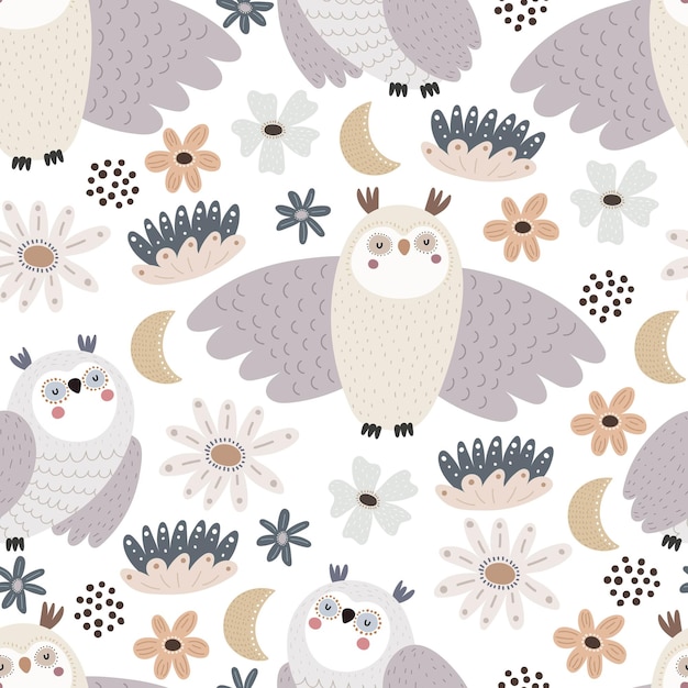 Seamless pattern with cartoon owls, flowers