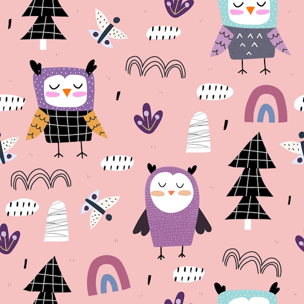 Seamless pattern with cartoon owls