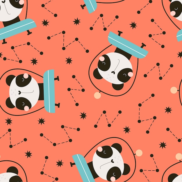 seamless pattern with cartoon panda in space stars decor elements