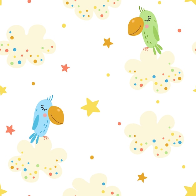 Seamless pattern with cartoon parrots clouds and stars