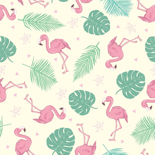 Vector seamless pattern with cartoon pink flamingo