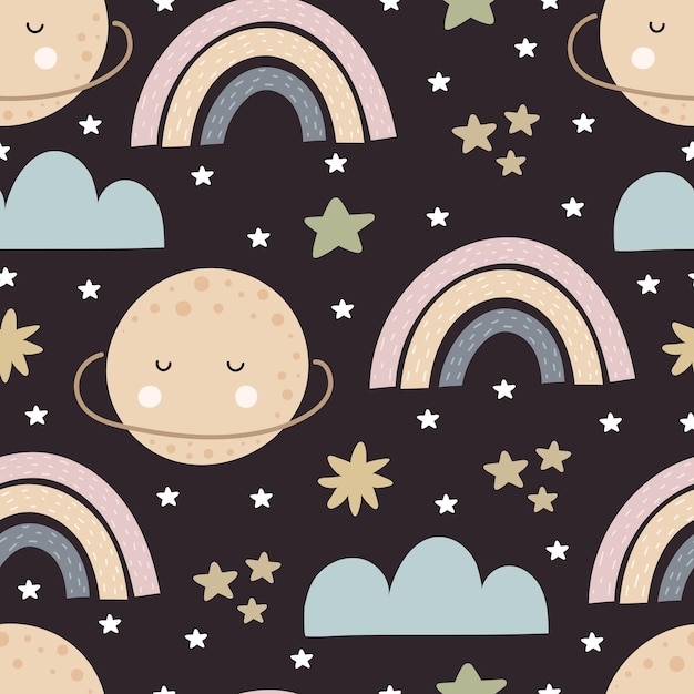 seamless pattern with cartoon planets, rainbow, cloud, stars