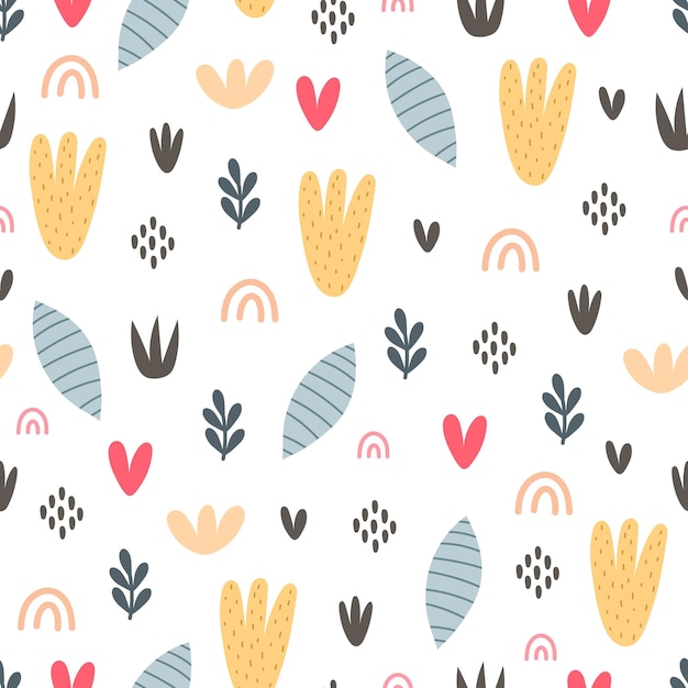 Vector seamless pattern with cartoon plants, twig, decor elements