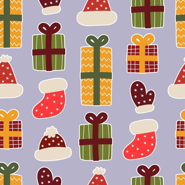 Vector seamless pattern with cartoon presents sok hat