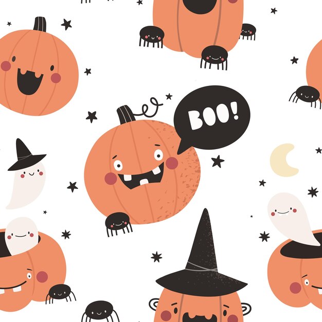 Seamless pattern with cartoon pumpkin characters halloween pattern in flat style vector