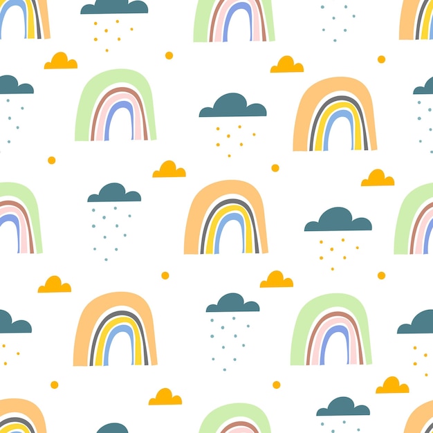 Seamless pattern with cartoon rainbows and clouds