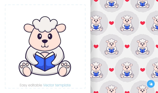 Seamless pattern with cartoon sheep on white background.