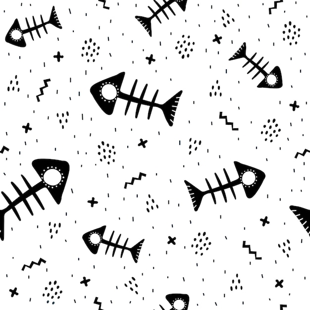 Seamless pattern with cartoon skeletons of fish