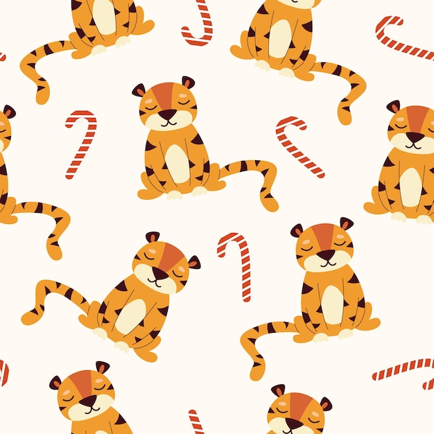 Seamless pattern with cartoon sleepy tiger sitting. Vector flat illustration.