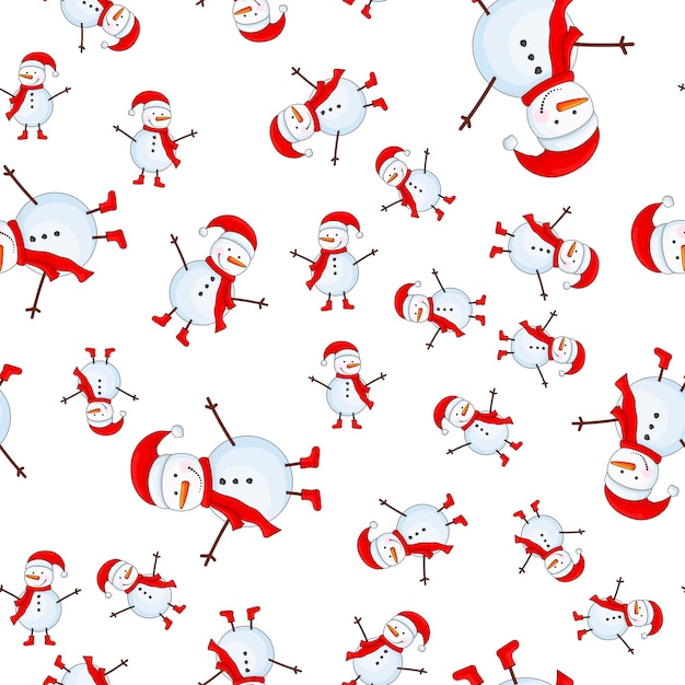 Seamless pattern with cartoon snowman in vector.