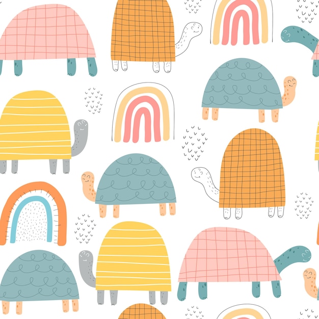 Seamless pattern with cartoon turtles rainbows