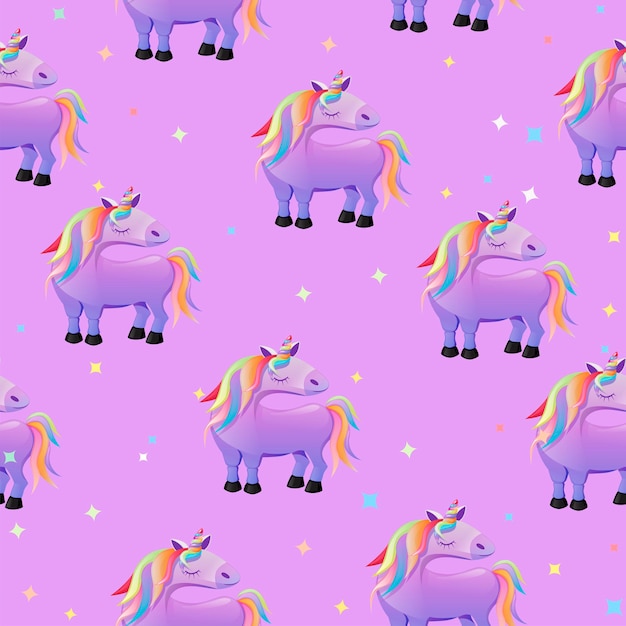 Seamless pattern with cartoon unicorns, purple texture for wallpaper. vector illustration childish cute background, design interface.