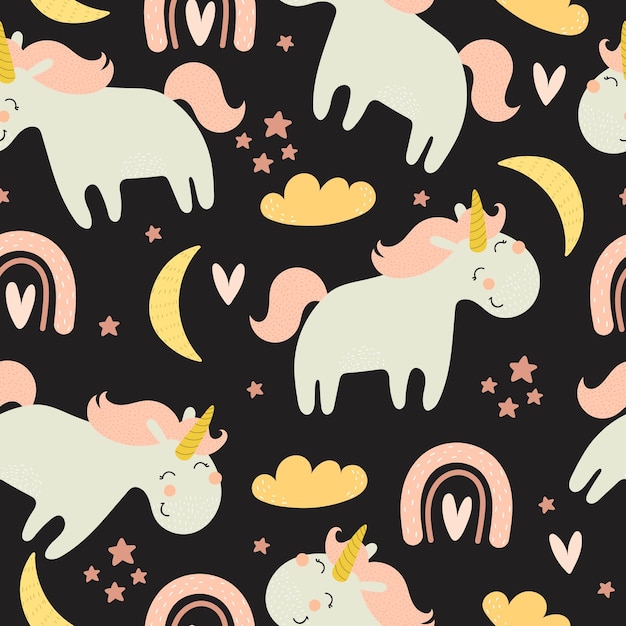 seamless pattern with cartoon unicorns, rainbows, clouds