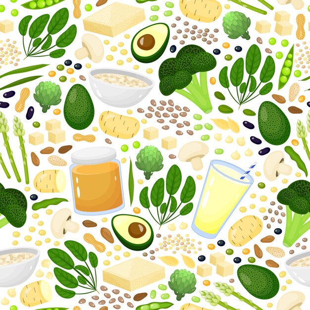 Vector seamless pattern with cartoon vegan protein sources foods