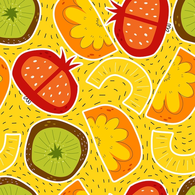 Seamless pattern with cartoon with kiwi pomegranate oranges