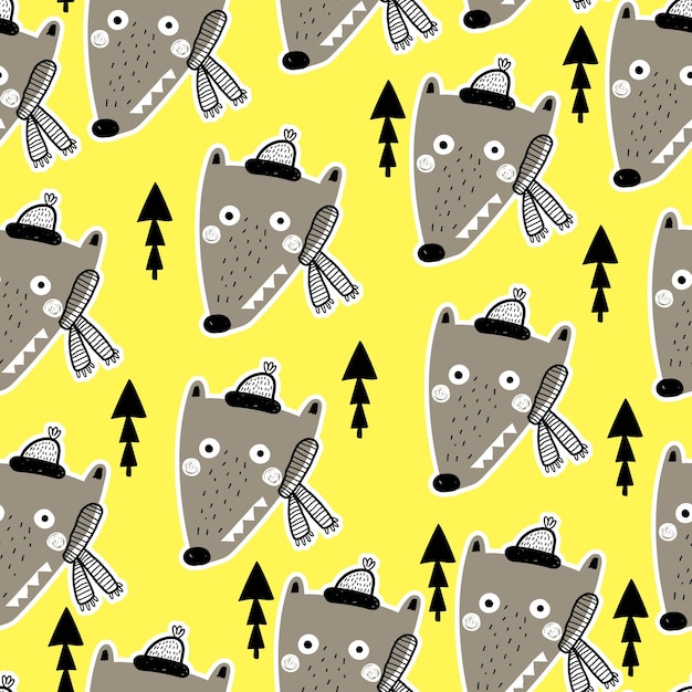 Vector seamless pattern with cartoon wolves