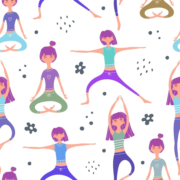 Seamless pattern with cartoon women in different yoga pose