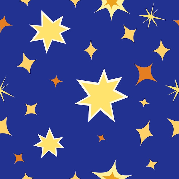 Vector seamless pattern with cartoon yellow and orange stars on a dark blue sky