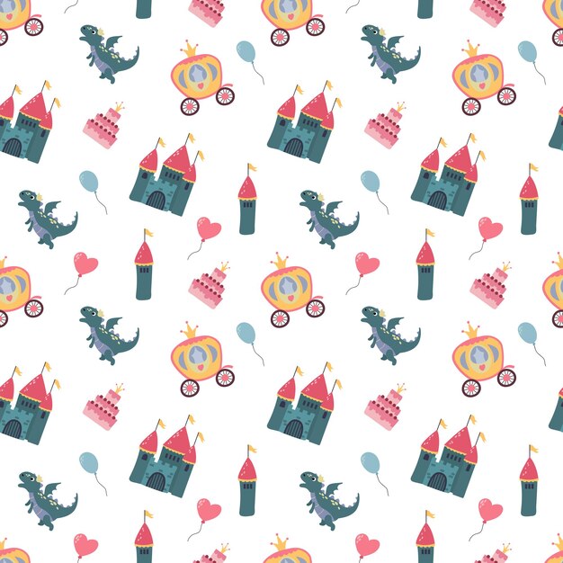 Seamless pattern with castle and dragon. design for fabric, textile, wallpaper, packaging.