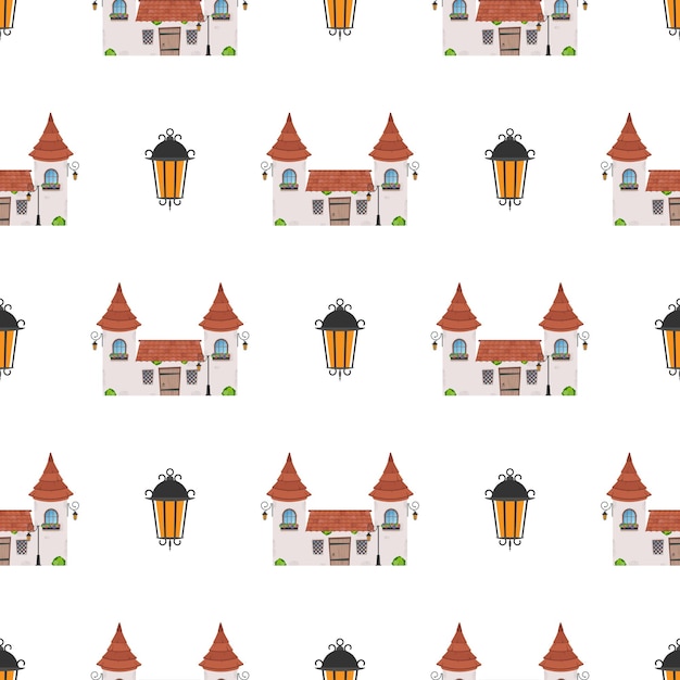 Seamless pattern with castle and towers. endless background. good for wrapping paper, postcards, and books. vector illustration.