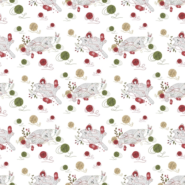 Seamless pattern with a cat. Christmas and cat. Cute, funny cat in a flat style.