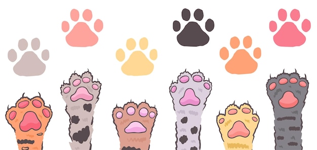 Vector seamless pattern with cat paw up and footprint