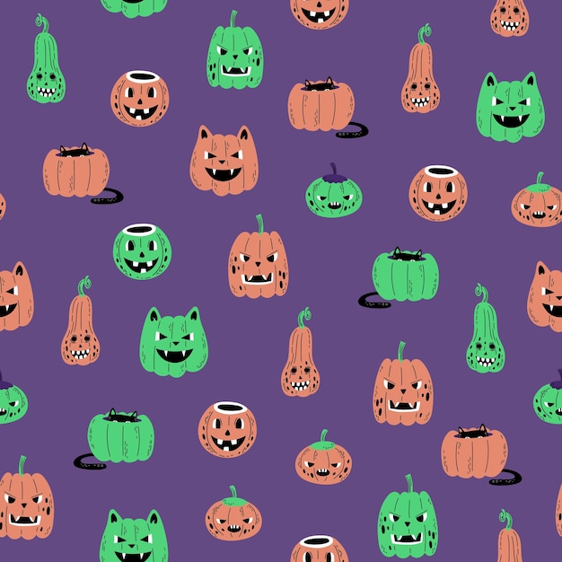 Seamless pattern with cat pumpkins Happy halloween design