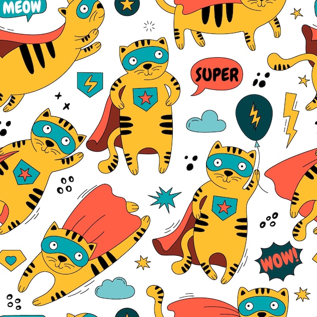 Seamless pattern with a cat in a superhero costume illustration