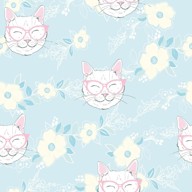 Seamless pattern with cats background with gray white and kittens