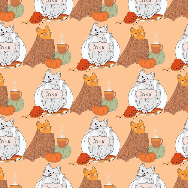 Seamless pattern with cats. Cute cat, cozy, flat illustration. Vector. Ginger cat.