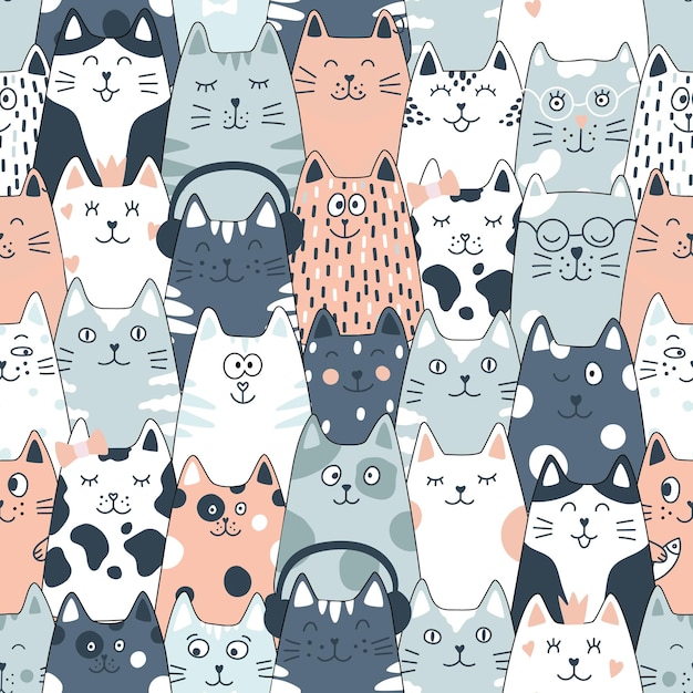 Seamless pattern with cats Cute cat set Funny cartoon animal characters