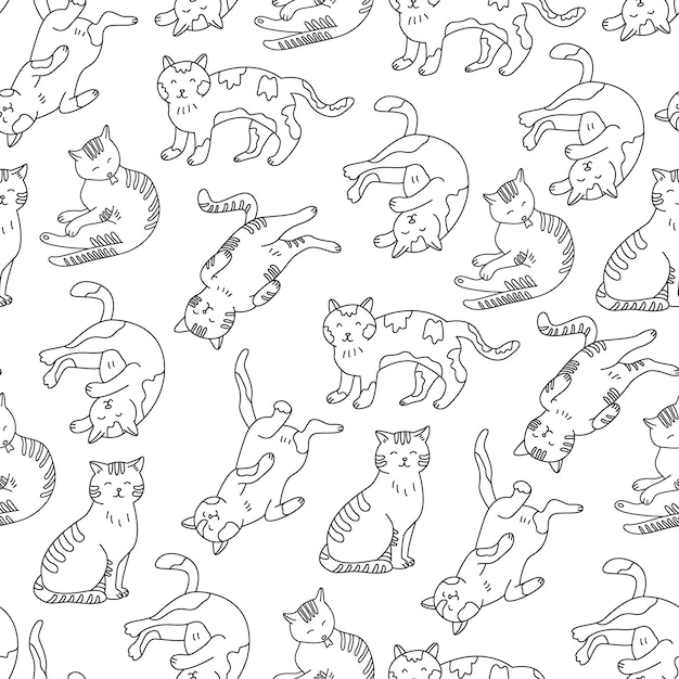 Seamless pattern with cats in doodle style Hand drawn vector illustration on white background